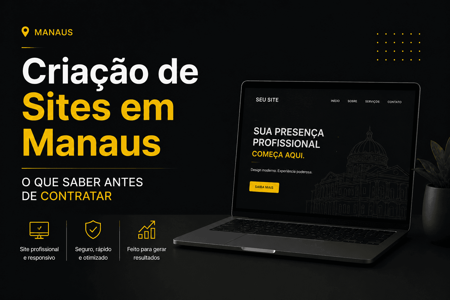 Workspace moderno com telas de site profissional e SEO local em Manaus