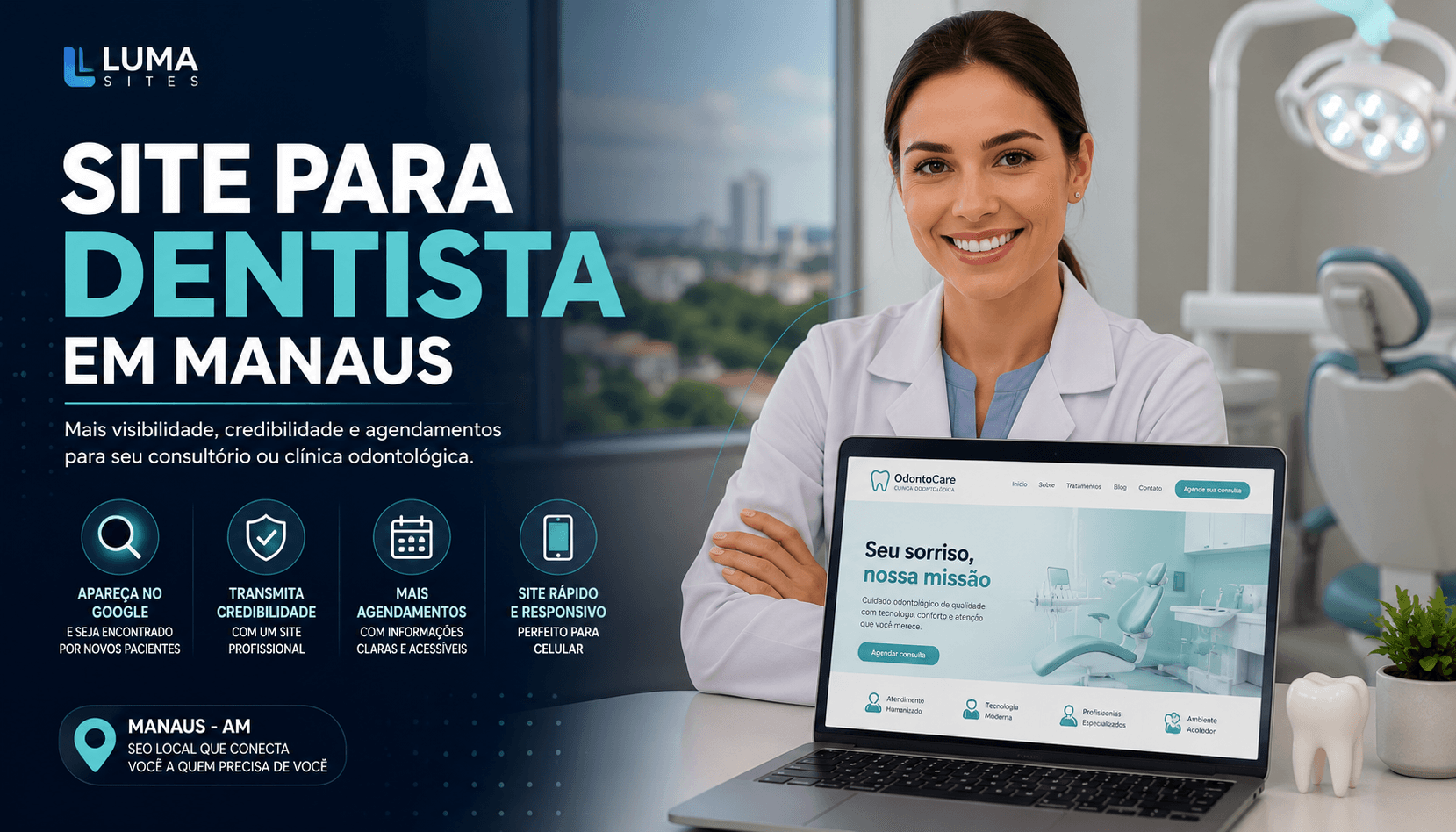 Dentista em consultório em Manaus com notebook mostrando presença profissional no Google