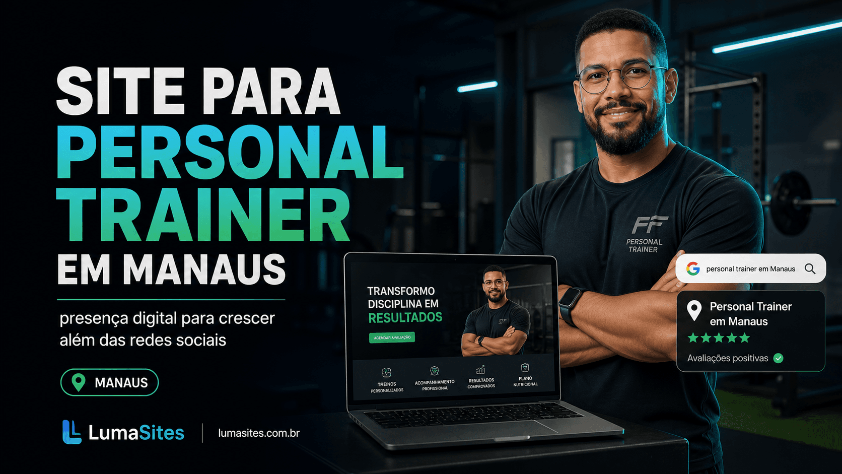 Personal trainer em Manaus com notebook mostrando presença profissional no Google