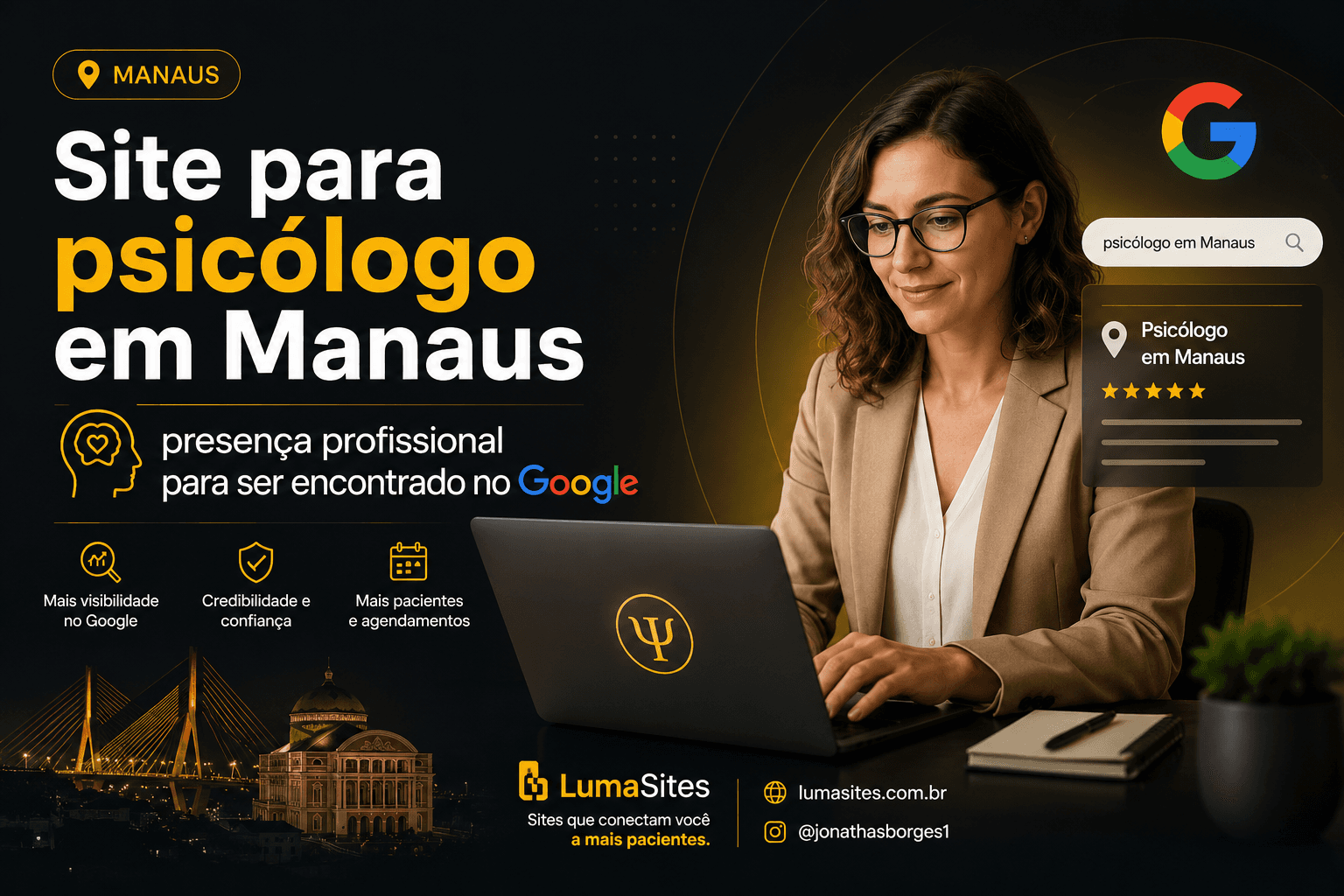 Psicóloga em Manaus usando notebook para fortalecer presença profissional no Google