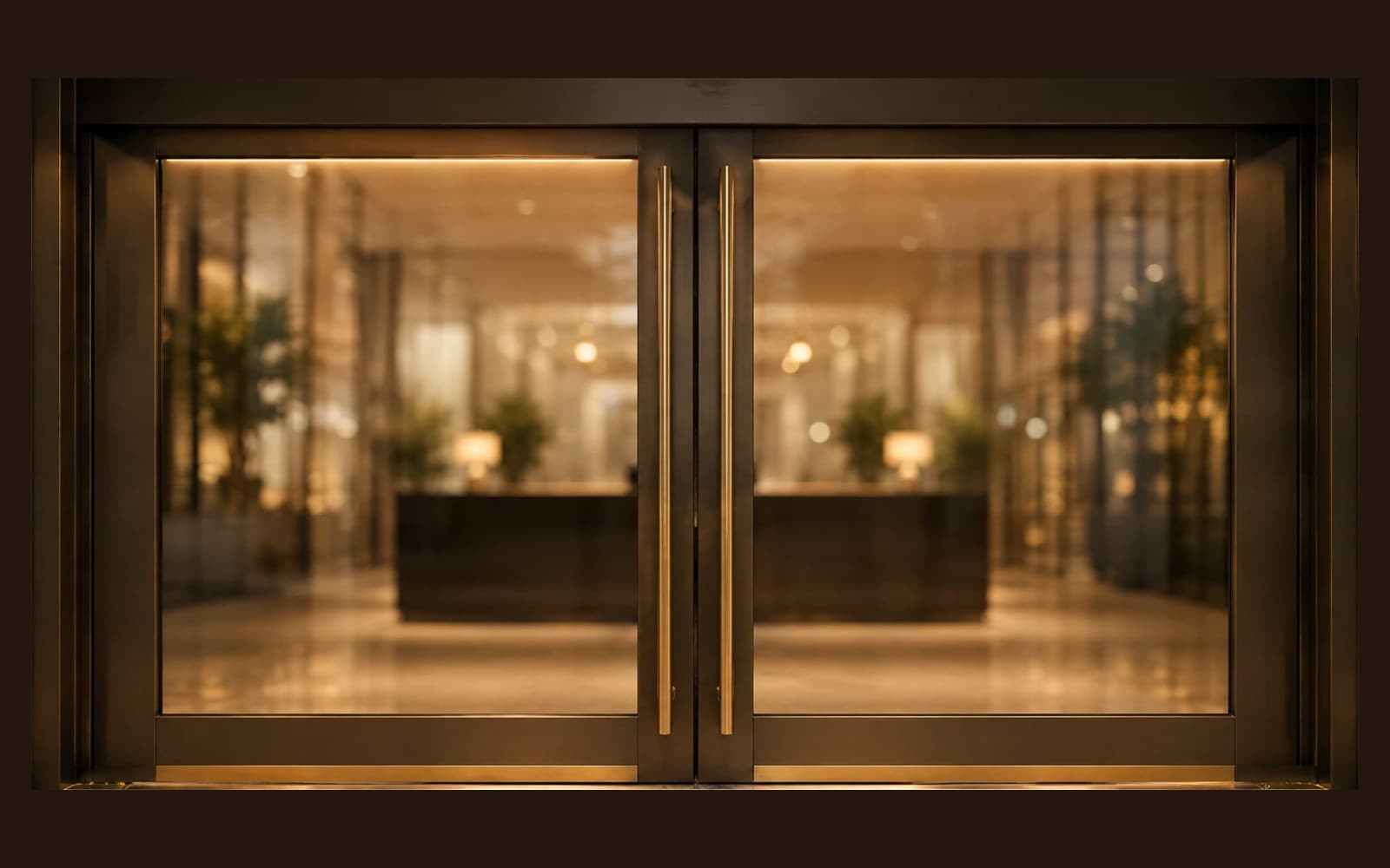 Entrada de um ambiente corporativo em tons dourados