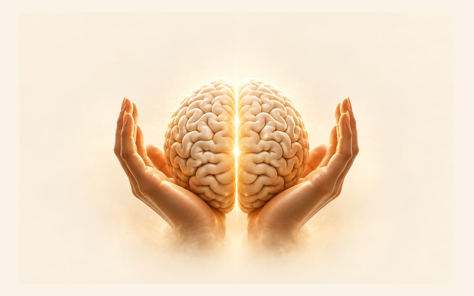 Cérebro acolhido por duas mãos, representando saúde mental e trabalho