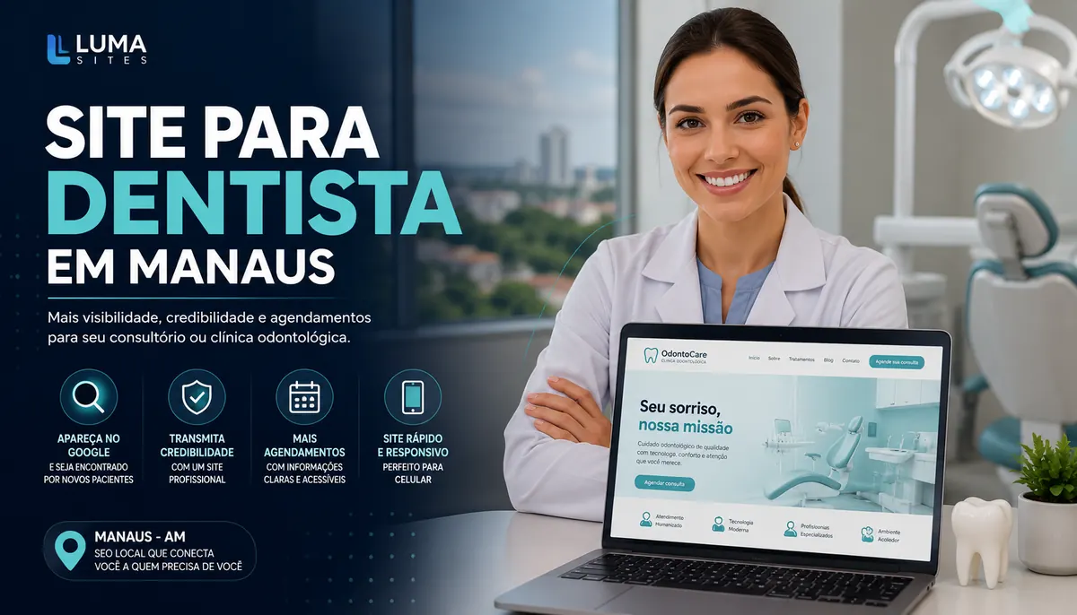 Dentista em consultório em Manaus com notebook mostrando presença profissional no Google
