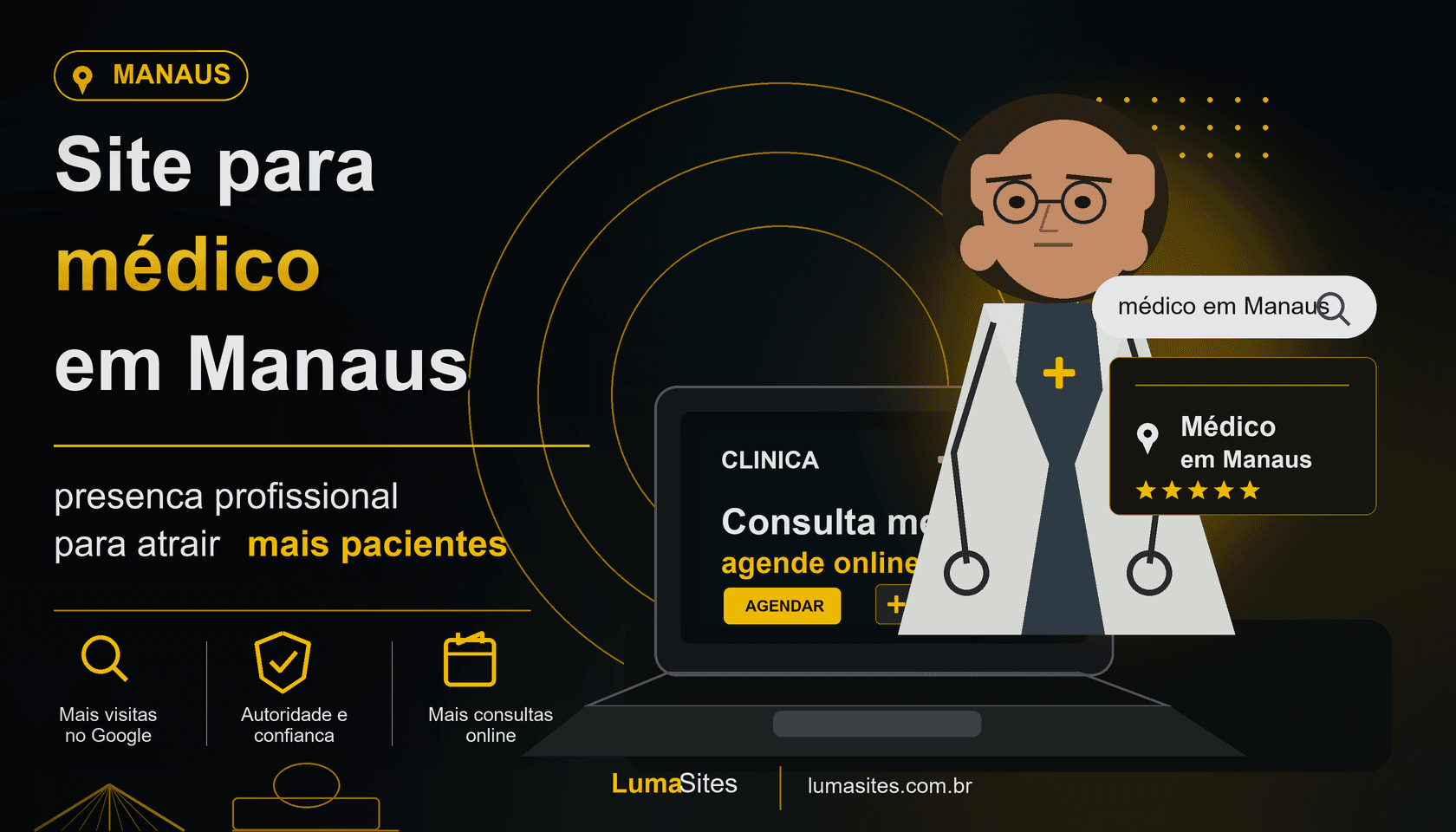 Médico em consultório em Manaus com notebook mostrando presença profissional no Google