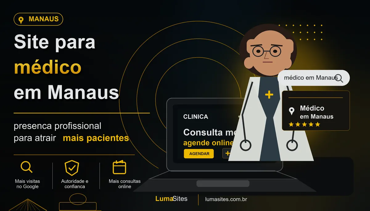 Médico em consultório em Manaus com notebook mostrando presença profissional no Google