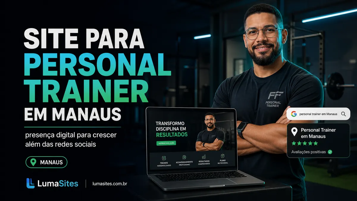 Personal trainer em Manaus com notebook mostrando presença profissional no Google
