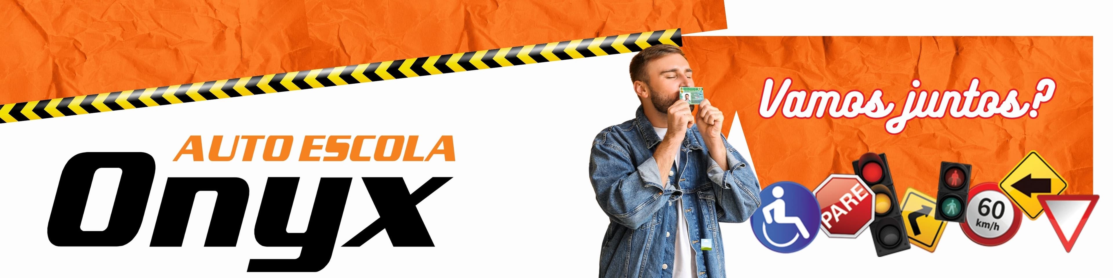 Aluno beijando a CNH recém-conquistada ao lado do logo da Autoescola Onyx e da pergunta: Vamos juntos?