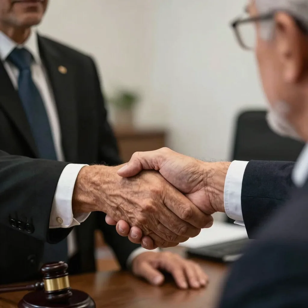 Aperto de mãos entre advogado e cliente idoso