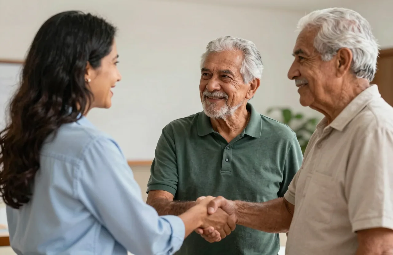 Advogada cumprimentando casal de clientes idosos