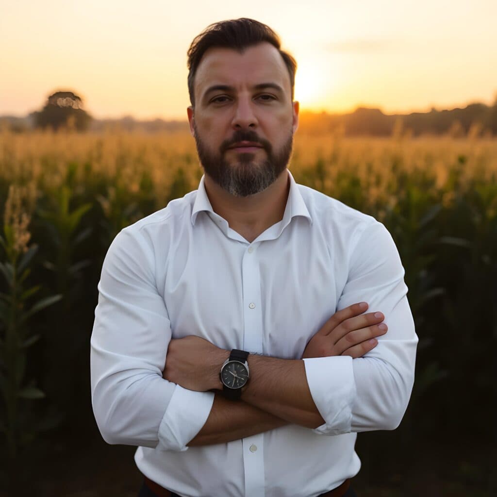 Wesley Veiga em uma plantação de milho ao pôr do sol